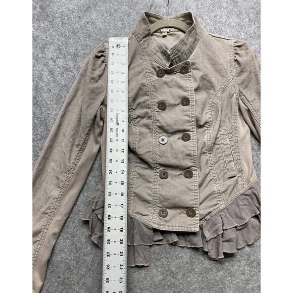 Free People Jacket Womens 4 Taupe Gray Corduroy Ruffle Peplum Romantic Military - Picture 4 of 16